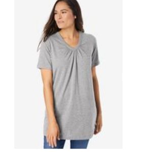 Shirred V-Neck Tee, Heather Grey, EUC